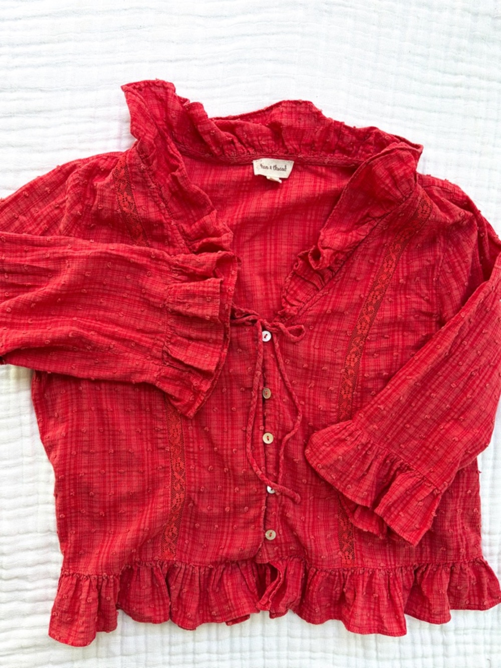 Hem & Thread Red Boho Ruffle Top S Peasant Cottagecore Gauze